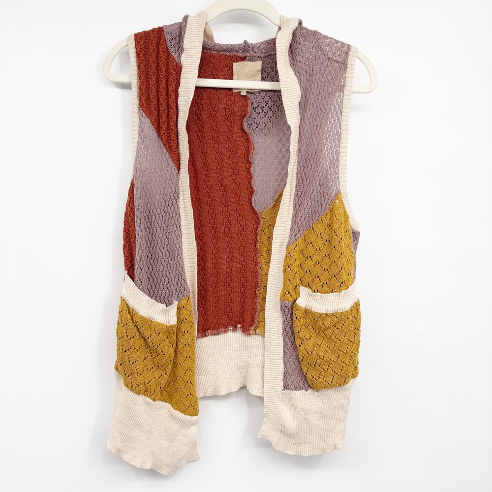 Chaser‎ Womens Patchwork Boho Open Front Hooded Loose Knit Cardigan Vest Size S